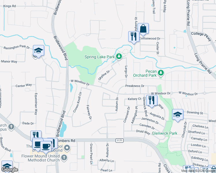 map of restaurants, bars, coffee shops, grocery stores, and more near 4501 Skyline Drive in Flower Mound