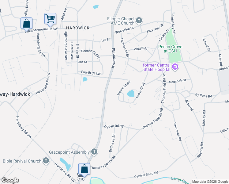 map of restaurants, bars, coffee shops, grocery stores, and more near 2260 Irwinton Road in Milledgeville