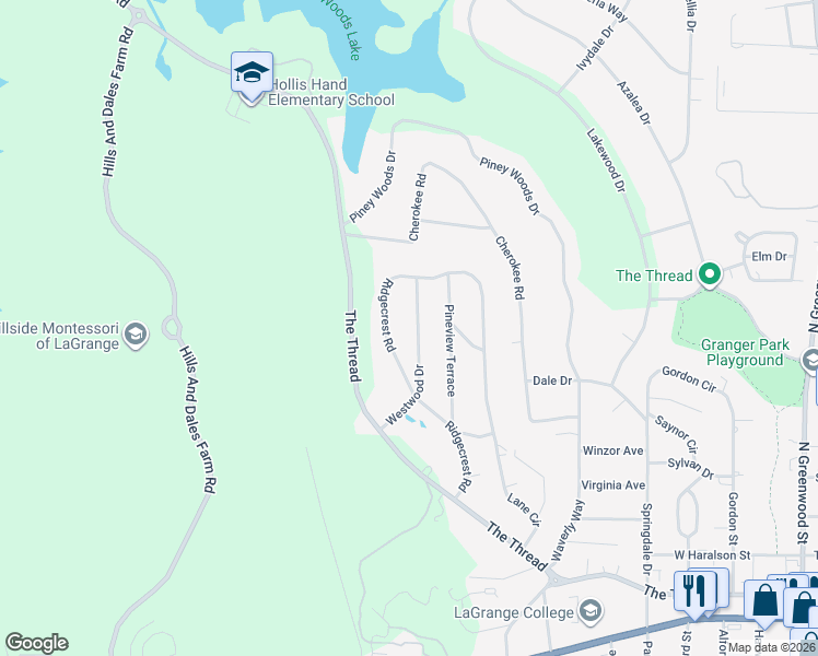 map of restaurants, bars, coffee shops, grocery stores, and more near 227 Westwood Drive in LaGrange