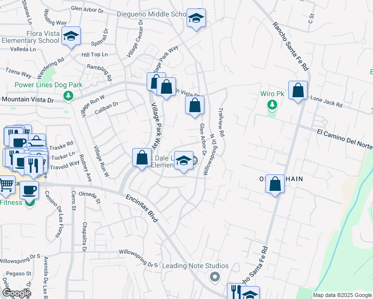map of restaurants, bars, coffee shops, grocery stores, and more near 263 Countryhaven Road in Encinitas