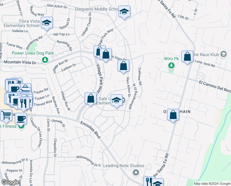 map of restaurants, bars, coffee shops, grocery stores, and more near 247 Countryhaven Road in Encinitas