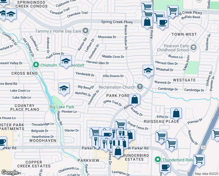 map of restaurants, bars, coffee shops, grocery stores, and more near 1024 Shenandoah Drive in Plano