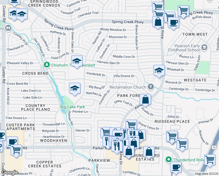 map of restaurants, bars, coffee shops, grocery stores, and more near 3729 Yosemite Drive in Plano