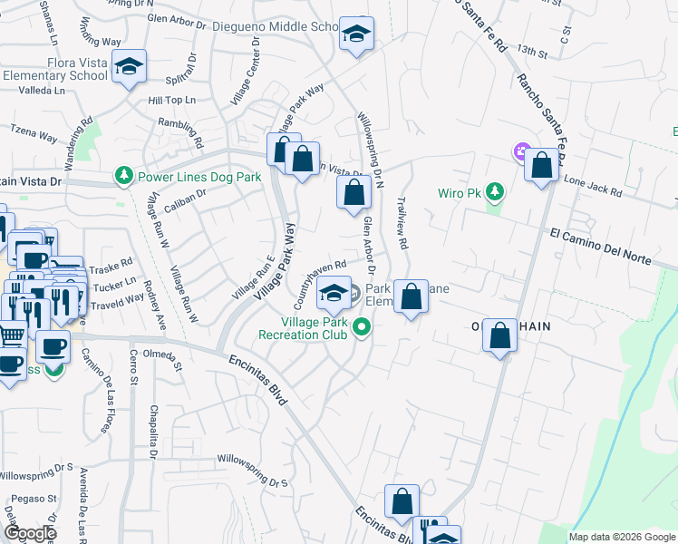 map of restaurants, bars, coffee shops, grocery stores, and more near 263 Countryhaven Road in Encinitas