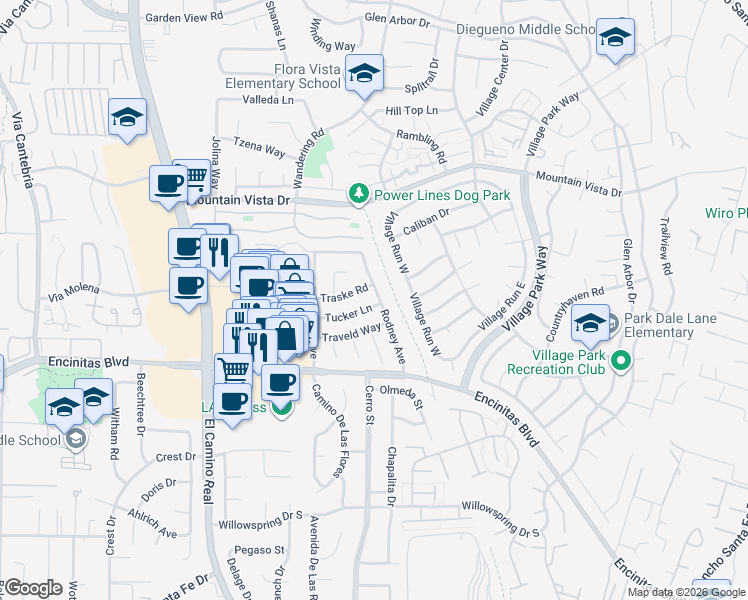 map of restaurants, bars, coffee shops, grocery stores, and more near 1650 Tucker Lane in Encinitas