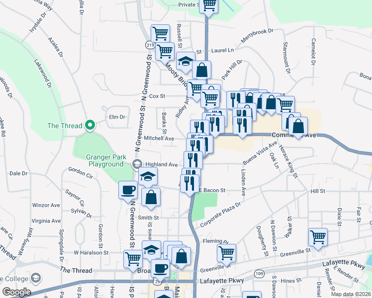 map of restaurants, bars, coffee shops, grocery stores, and more near 609 Ridley Avenue in LaGrange