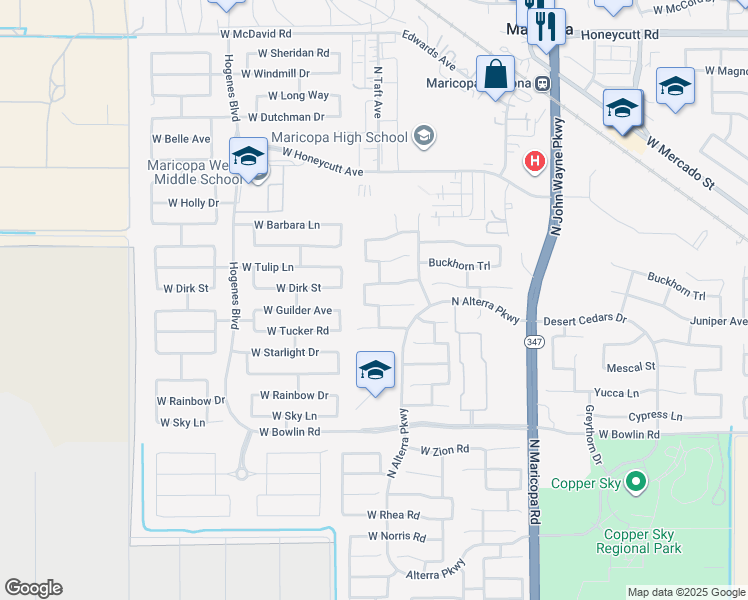 map of restaurants, bars, coffee shops, grocery stores, and more near 45330 West Desert Cedars Lane in Maricopa