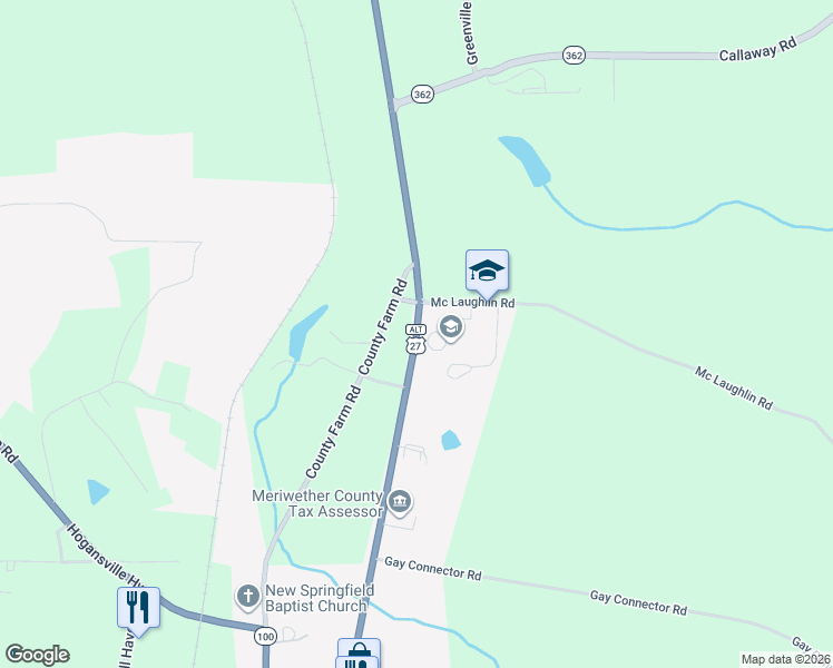 map of restaurants, bars, coffee shops, grocery stores, and more near 17656 Roosevelt Highway in Greenville