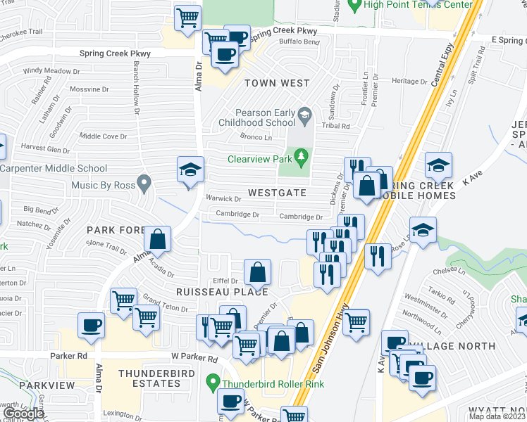 map of restaurants, bars, coffee shops, grocery stores, and more near 809 Cambridge Drive in Plano
