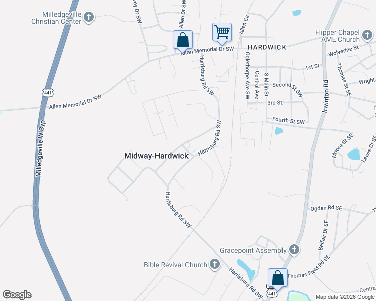 map of restaurants, bars, coffee shops, grocery stores, and more near 207 Harrisburg Road Southwest in Milledgeville