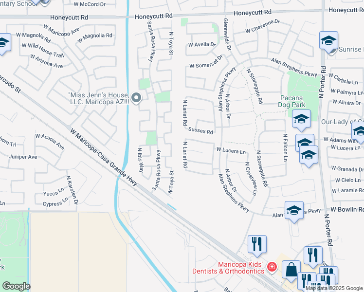 map of restaurants, bars, coffee shops, grocery stores, and more near 18530 North Lariat Road in Maricopa