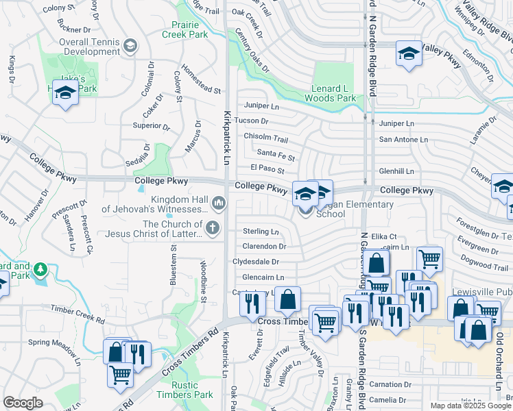 map of restaurants, bars, coffee shops, grocery stores, and more near 586 King Circle in Lewisville