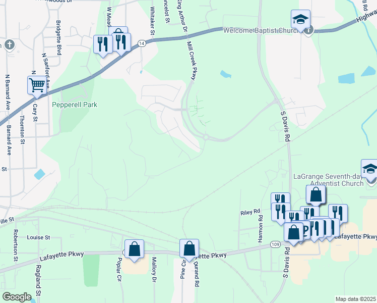 map of restaurants, bars, coffee shops, grocery stores, and more near 305 Glenhaven Drive in LaGrange