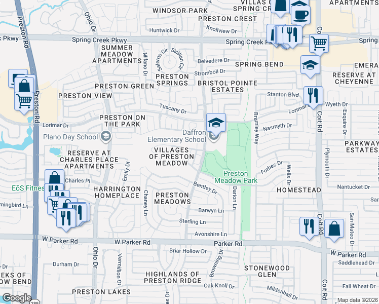 map of restaurants, bars, coffee shops, grocery stores, and more near 4517 Emerson Drive in Plano