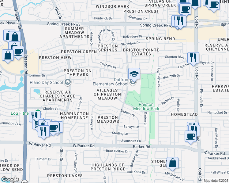 map of restaurants, bars, coffee shops, grocery stores, and more near 4517 Emerson Drive in Plano