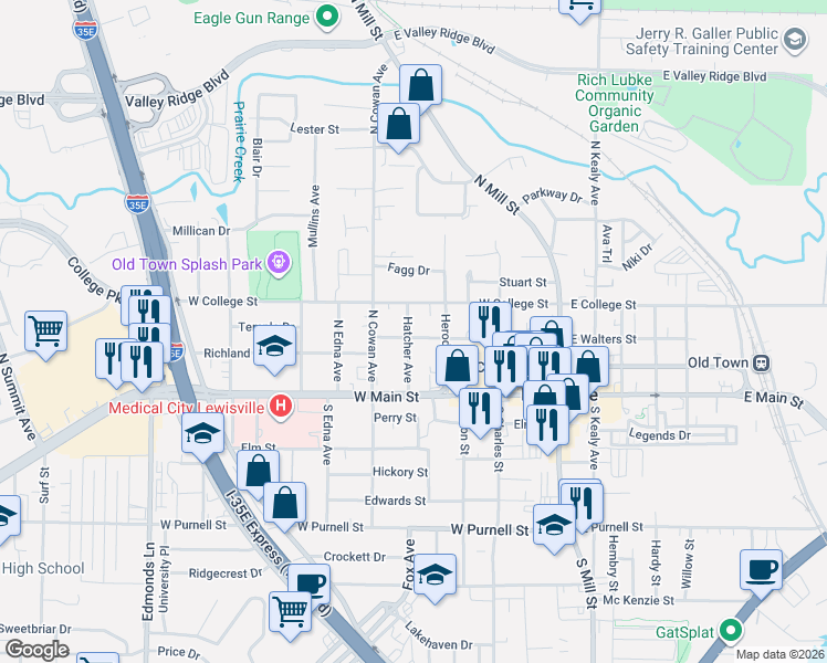 map of restaurants, bars, coffee shops, grocery stores, and more near 360 West Walters Street in Lewisville
