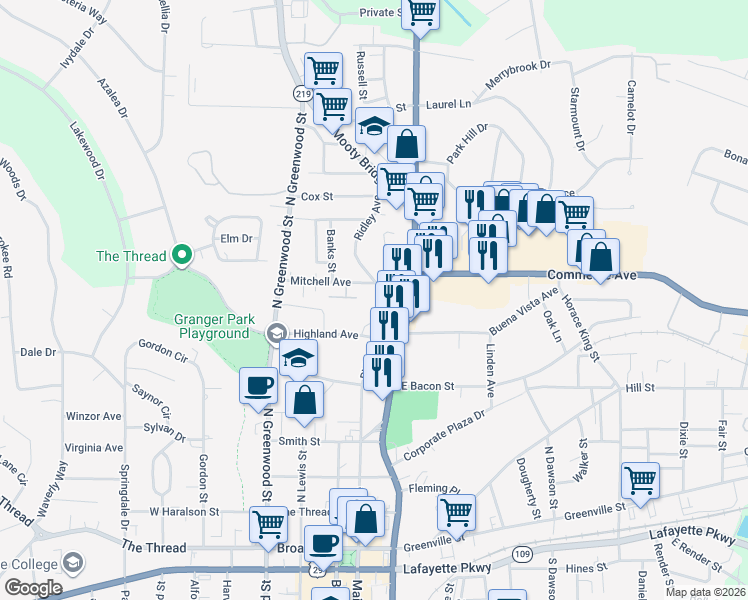 map of restaurants, bars, coffee shops, grocery stores, and more near 609 Ridley Avenue in LaGrange