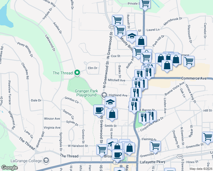 map of restaurants, bars, coffee shops, grocery stores, and more near 607 North Greenwood Street in LaGrange