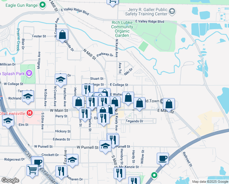 map of restaurants, bars, coffee shops, grocery stores, and more near 137 East Walters Street in Lewisville