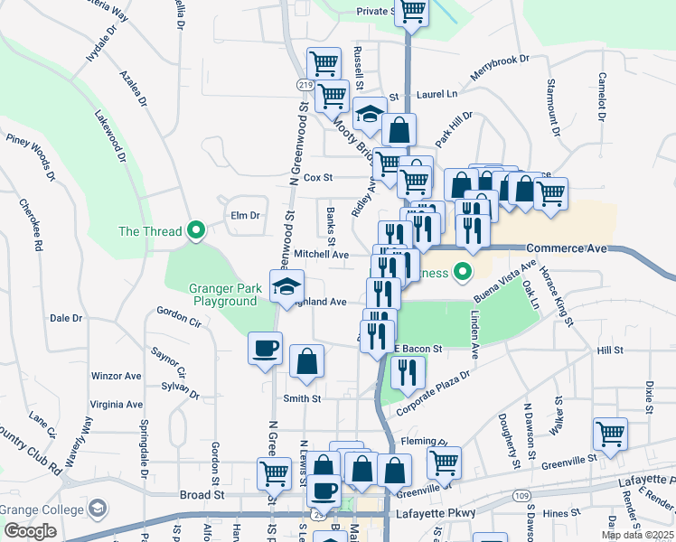 map of restaurants, bars, coffee shops, grocery stores, and more near 115 Mitchell Avenue in LaGrange