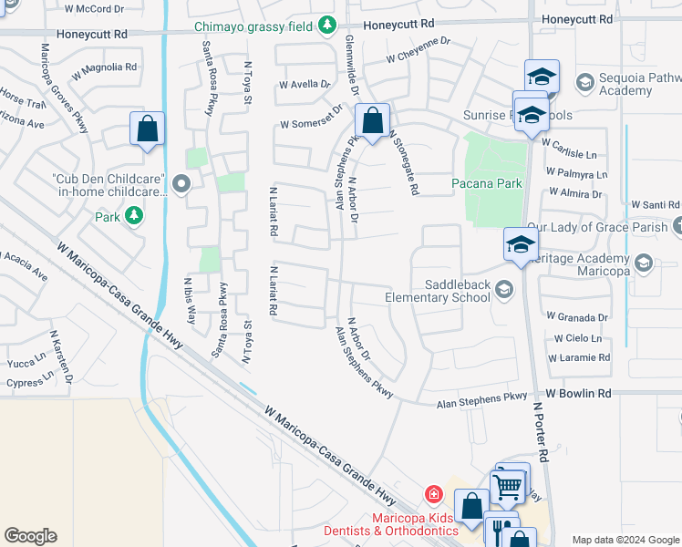 map of restaurants, bars, coffee shops, grocery stores, and more near 18260 Alan Stephens Parkway in Maricopa