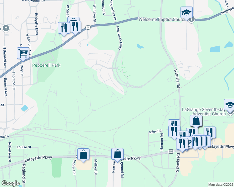 map of restaurants, bars, coffee shops, grocery stores, and more near 305 Glenhaven Drive in LaGrange