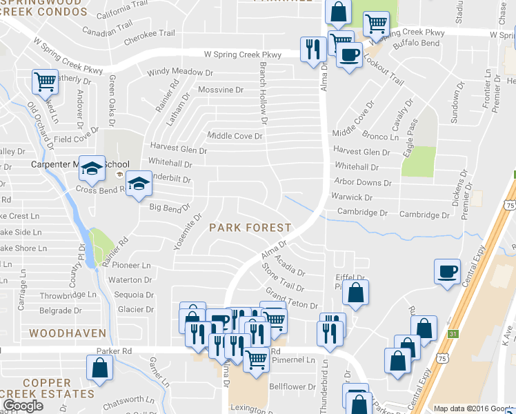 map of restaurants, bars, coffee shops, grocery stores, and more near in Plano