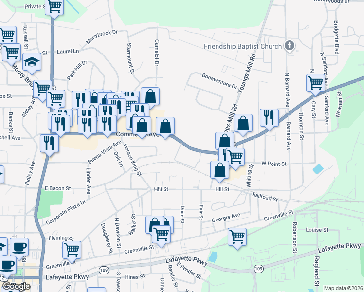 map of restaurants, bars, coffee shops, grocery stores, and more near 300 Commerce Avenue in LaGrange