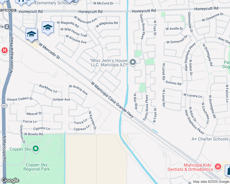 map of restaurants, bars, coffee shops, grocery stores, and more near 43274 West Cowpath Road in Maricopa
