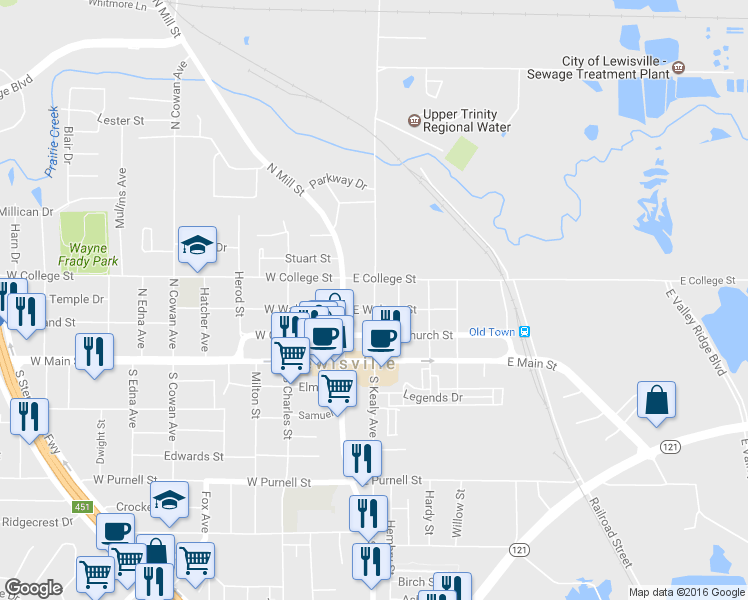 map of restaurants, bars, coffee shops, grocery stores, and more near 313 North Kealy Avenue in Lewisville