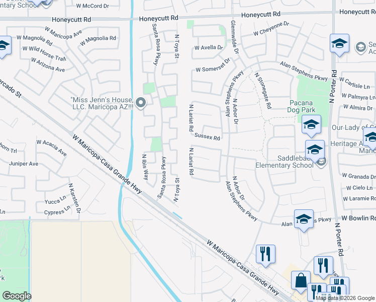map of restaurants, bars, coffee shops, grocery stores, and more near 18530 North Lariat Road in Maricopa