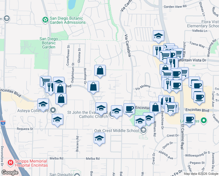 map of restaurants, bars, coffee shops, grocery stores, and more near 230 Seeman Drive in Encinitas