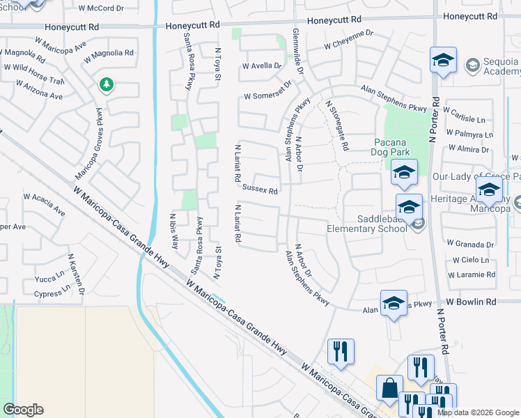 map of restaurants, bars, coffee shops, grocery stores, and more near 42530 West Lucera Court in Maricopa