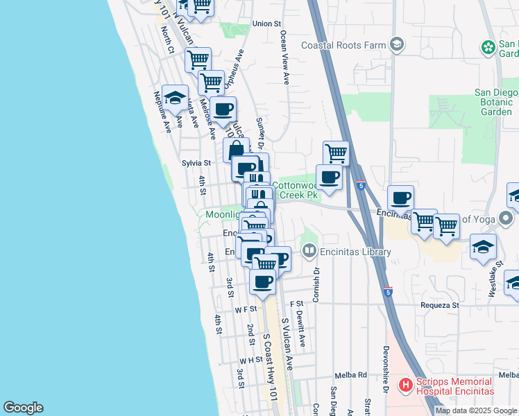 map of restaurants, bars, coffee shops, grocery stores, and more near 261 South Coast Highway 101 in Encinitas