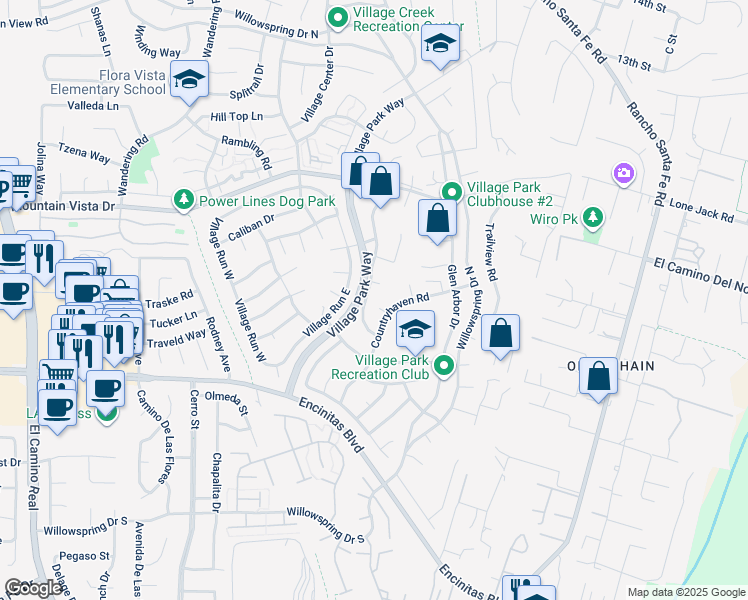 map of restaurants, bars, coffee shops, grocery stores, and more near 155 Countrywood Lane in Encinitas