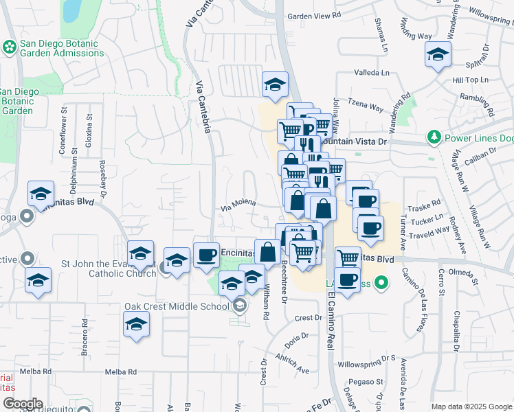map of restaurants, bars, coffee shops, grocery stores, and more near 1319 Via Terrassa in Encinitas