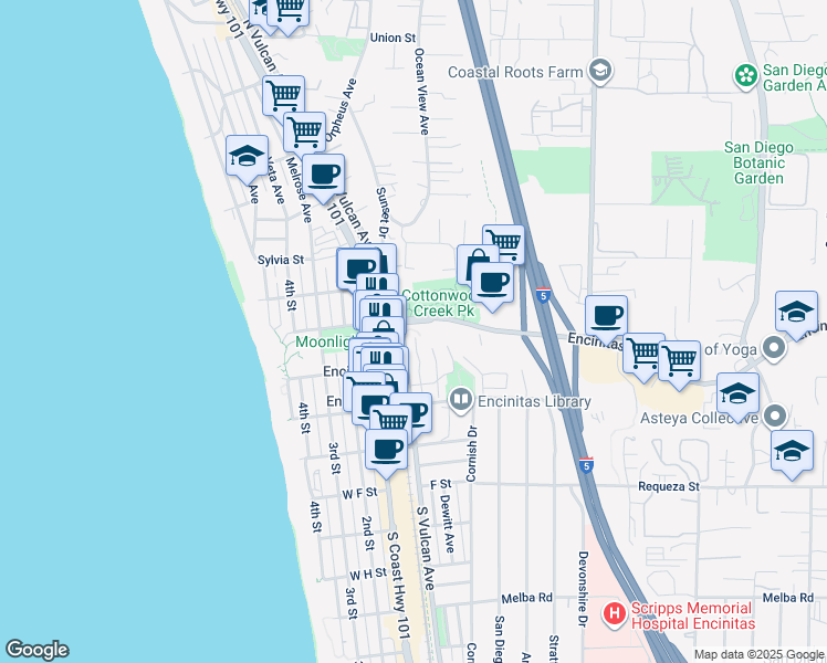 map of restaurants, bars, coffee shops, grocery stores, and more near 378 Playa Blanca in Encinitas
