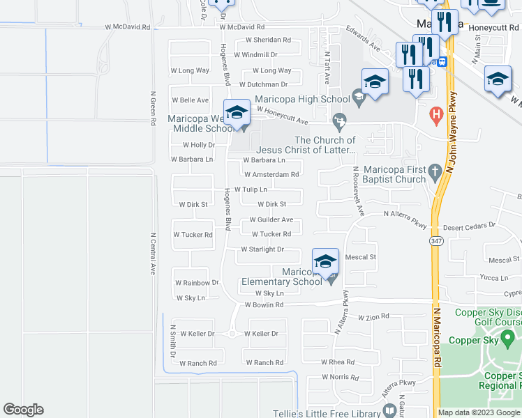 map of restaurants, bars, coffee shops, grocery stores, and more near 45673 West Dirk Street in Maricopa