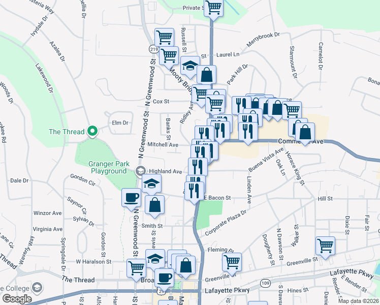 map of restaurants, bars, coffee shops, grocery stores, and more near 609 Ridley Avenue in LaGrange