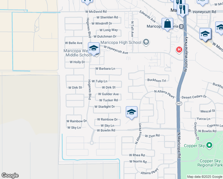 map of restaurants, bars, coffee shops, grocery stores, and more near 45585 West Dirk Street in Maricopa