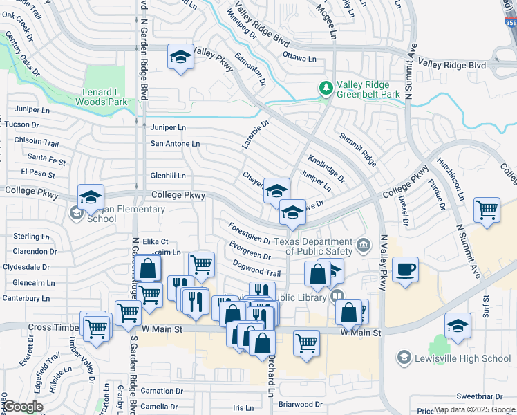 map of restaurants, bars, coffee shops, grocery stores, and more near 1326 Glenhill Lane in Lewisville