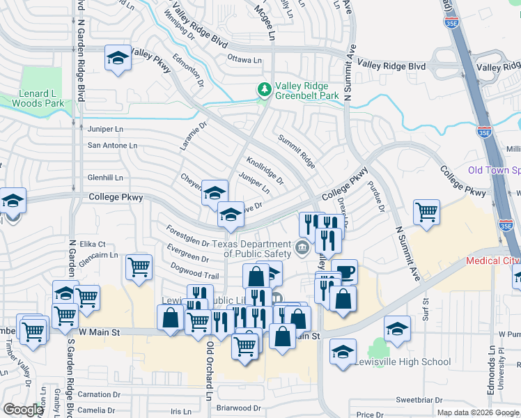 map of restaurants, bars, coffee shops, grocery stores, and more near 1201 College Parkway in Lewisville
