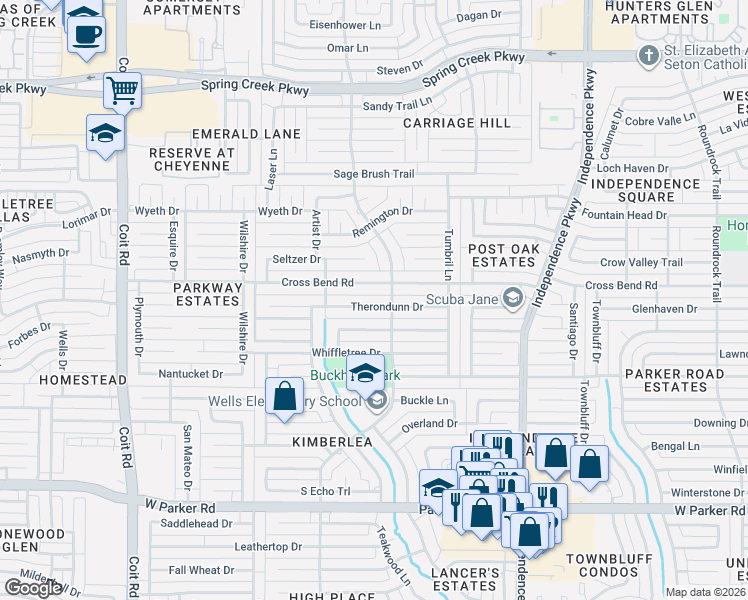 map of restaurants, bars, coffee shops, grocery stores, and more near 3400 Therondunn Drive in Plano