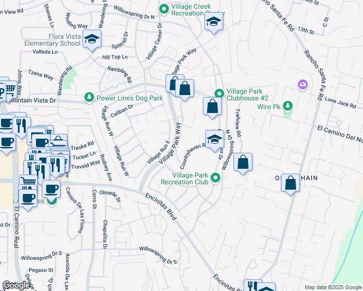 map of restaurants, bars, coffee shops, grocery stores, and more near 155 Countrywood Lane in Encinitas