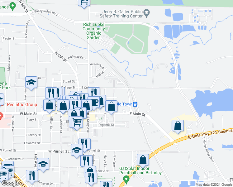 map of restaurants, bars, coffee shops, grocery stores, and more near 502 East College Street in Lewisville