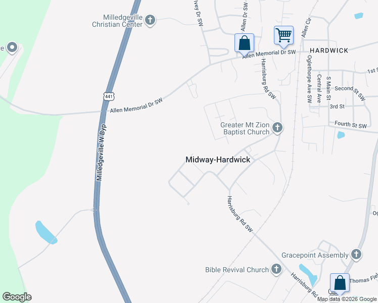 map of restaurants, bars, coffee shops, grocery stores, and more near 170 Laverne Circle Southwest in Milledgeville