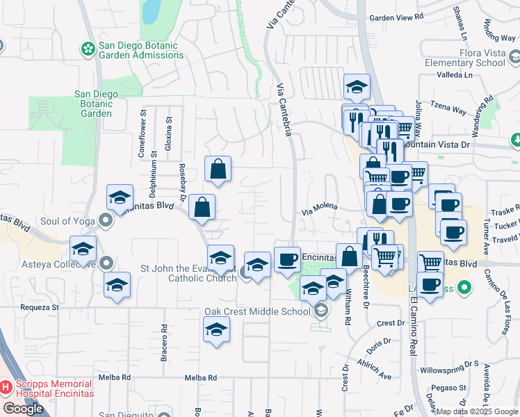 map of restaurants, bars, coffee shops, grocery stores, and more near 241 Seeman Drive in Encinitas