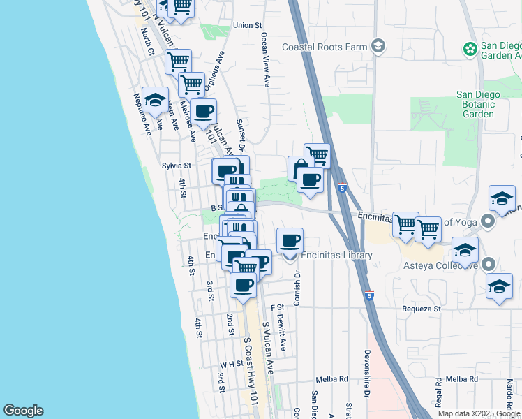 map of restaurants, bars, coffee shops, grocery stores, and more near 318 Playa Blanca in Encinitas