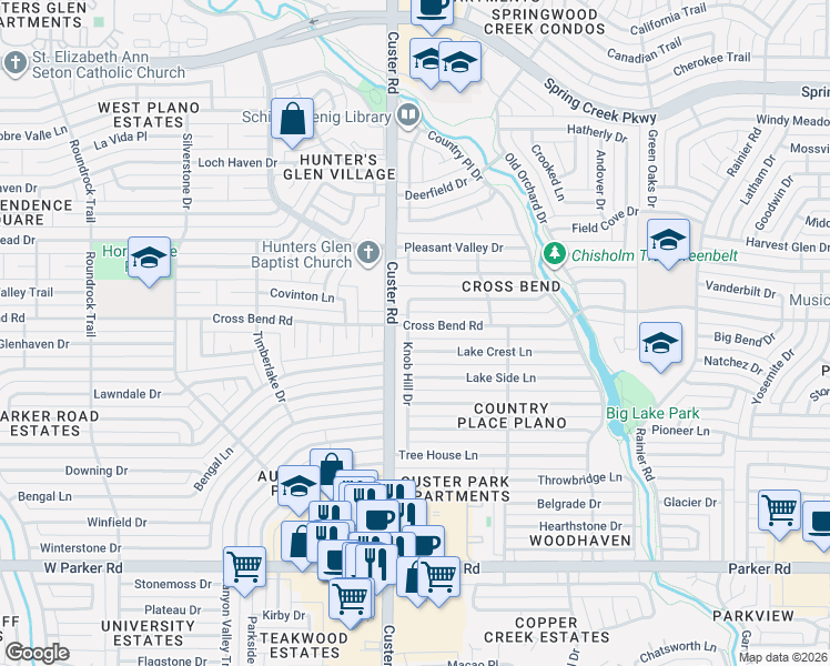 map of restaurants, bars, coffee shops, grocery stores, and more near 2009 Lake Crest Lane in Plano