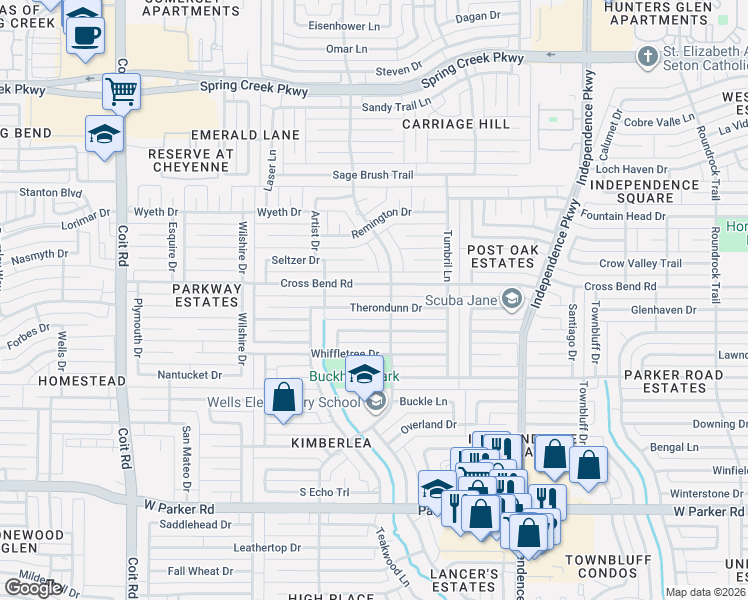 map of restaurants, bars, coffee shops, grocery stores, and more near 3400 Therondunn Drive in Plano